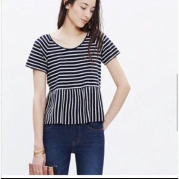Madewell Linen Cotton Blend Striped Nautical Peplum Waist T Shirt Womens Size M - Picture 1 of 5
